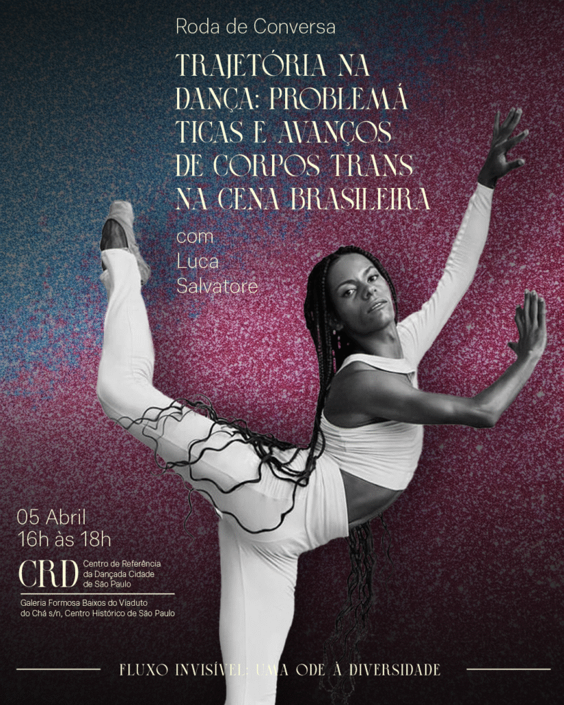 Card de divulgação no Instagram mostra Luca Salvatore olhando câmera. Está de perfil, apoiada sobre a perna esquerda. Sustenta uma pose de balé clássico na qual a sua perna direita está erguida por trás da sua cabeça, com o joelho levemente flexonado. As costas estão arcadas de modo que o tronco e a cabeça estão eretos.  Usa roupas brancas coladas no corpo e sapatilha de ponta. Seu cabelo está em longas tranças box braids, que passam do joelho. O fundo da imagem contém as cores azul e roxo, da identidade visual do projeto Fluxo Invisível. O card ainda contém as informações da oficina de Luca.